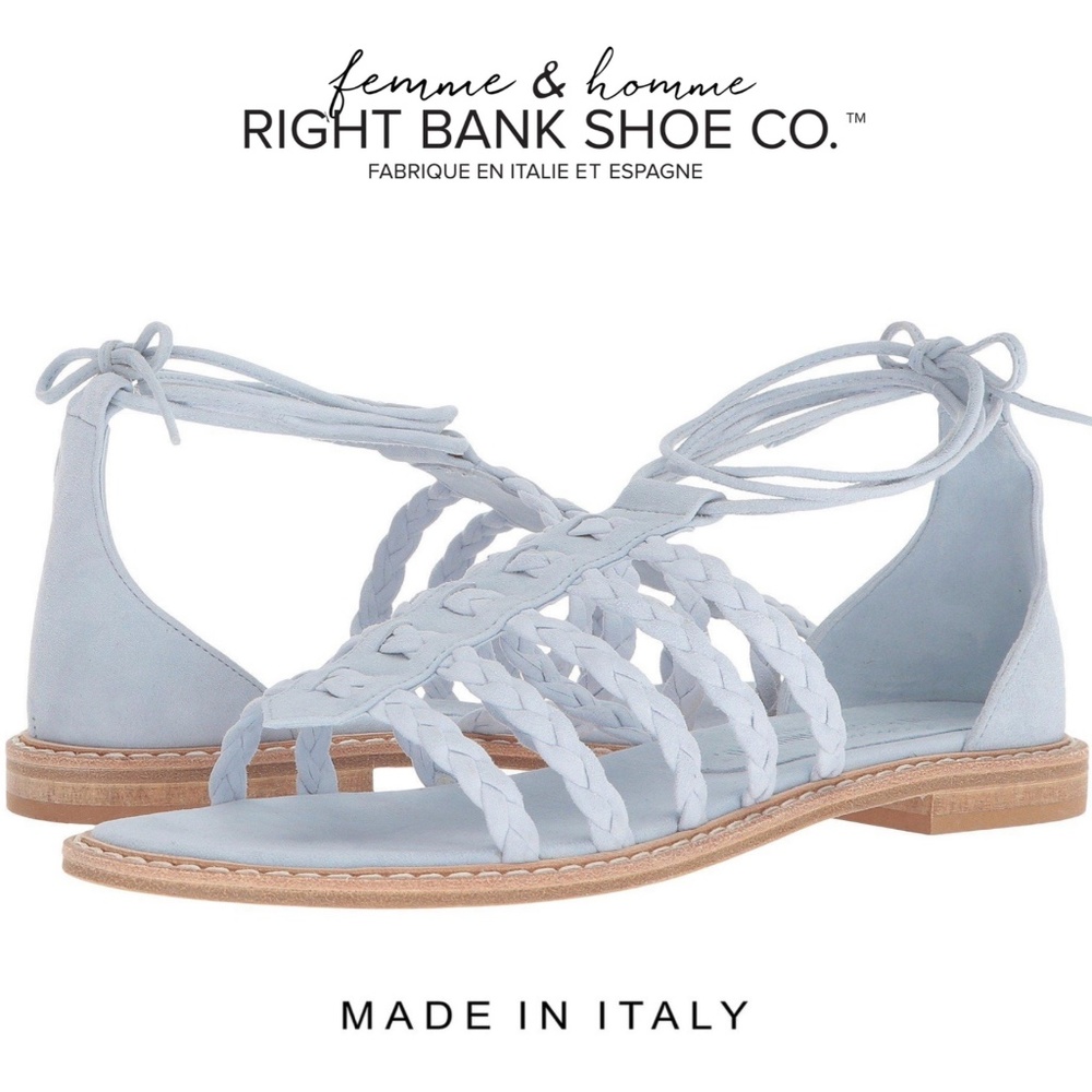Right Bank Shoe Co Babe Blue Suede Leather Flat Sandals - Made in Italy  6.5